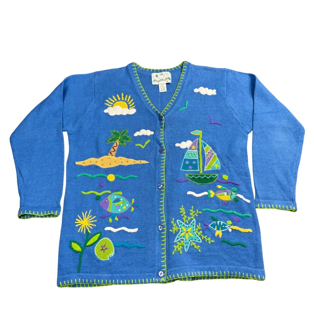 The Quacker Factory Cardigan Women Large Blue Tropical Nautical Fish Embroidered